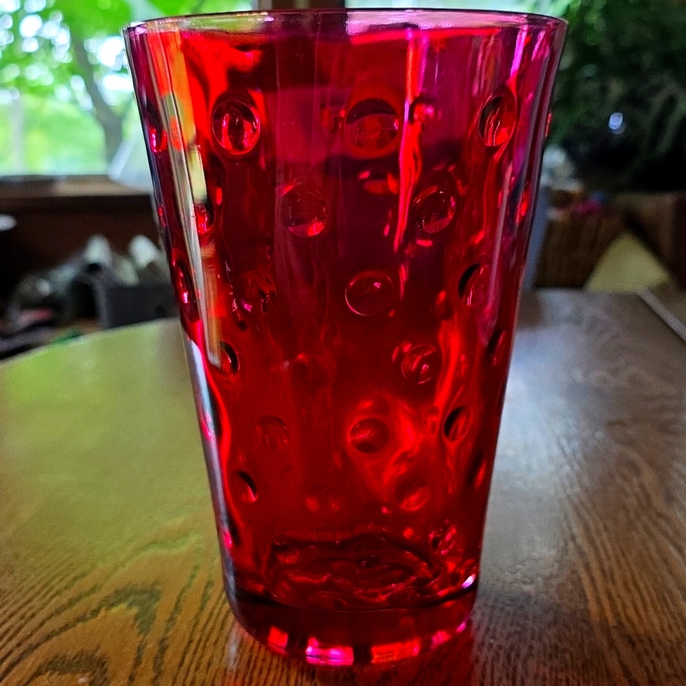 Large Ruby Red Coin Dot Flashed Glass Vase Vintage Beautiful